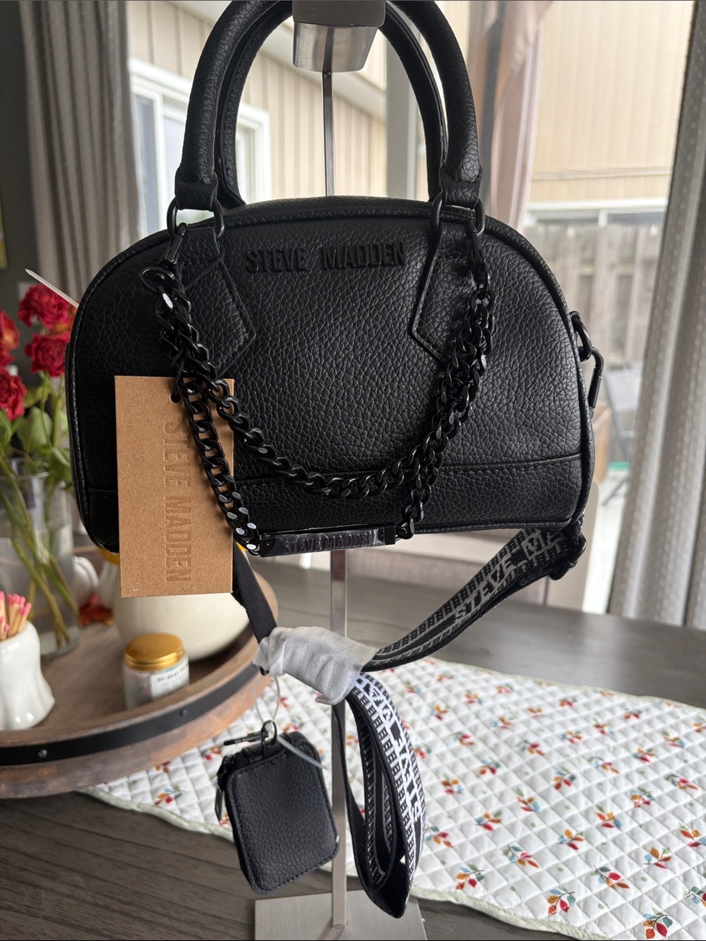 Steve Madden Black Pebbled Dome Crossbody with Chain and Logo Strap